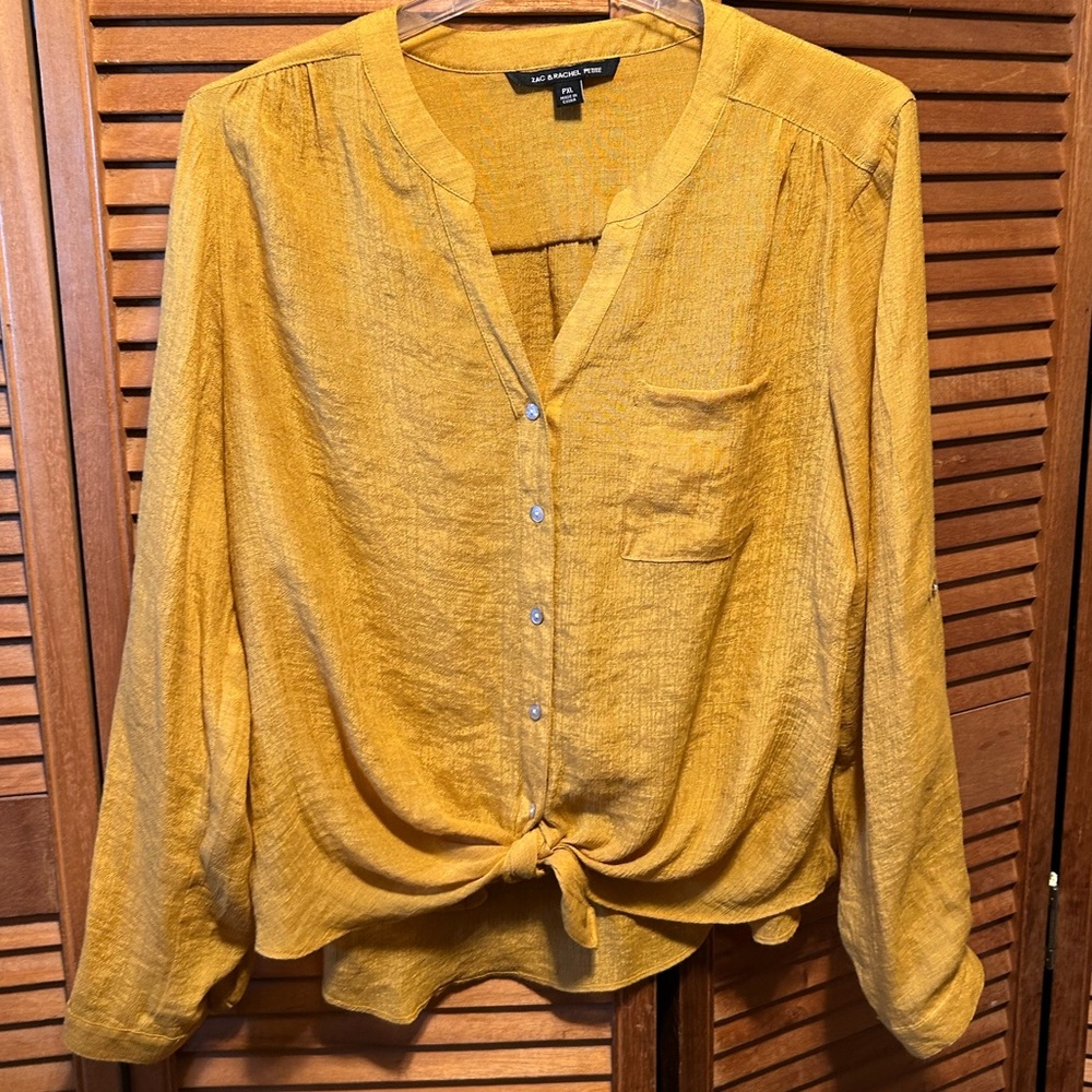 Zac & Rachel Petite Mustard Blouse with Tie Front and Mandarin Collar